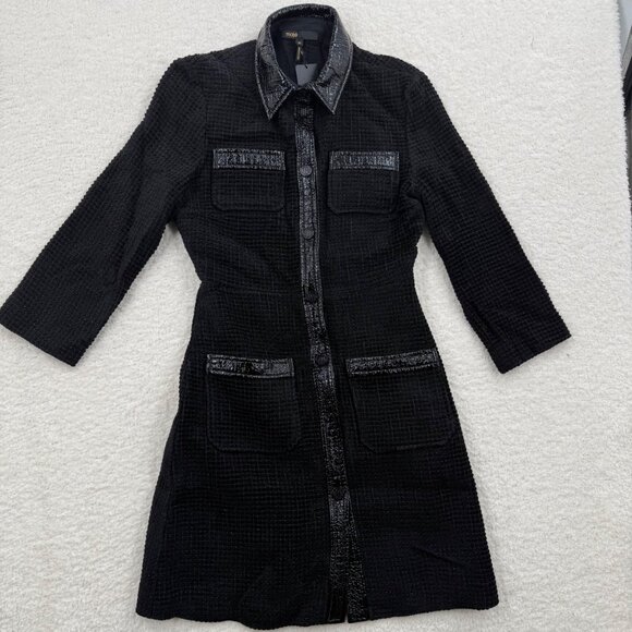 Maje Rinili contrast-trim mini shirtdress in black cotton-blend bouclé-tweed, XS - Picture 2 of 16
